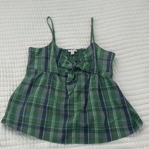 Super cute size L Free Assembly blue green plaid tie sweetheart neckline blouse